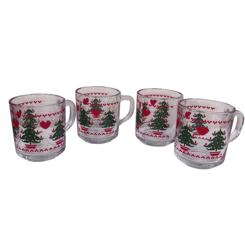Vintage Christmas Glass Mugs Set of 4 Pixel Tree Heart Holiday‎ Decor USA